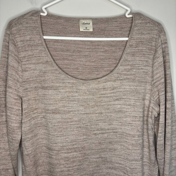 SOMA Top Women's M Tan Cream Round Neck Long Sleeve Stretch - Picture 3 of 4